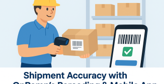 Boost Shipment Accuracy with OnRamp's Barcoding & Mobile App. Illustrated worker in a yellow hard hat and blue shirt scanning a barcode on a cardboard box in a warehouse, with shelves of boxes behind and a large smartphone display showing a scanned barcode and green check mark. Text below reads 'Shipment Accuracy with OnRamp’s Barcoding & Mobile App