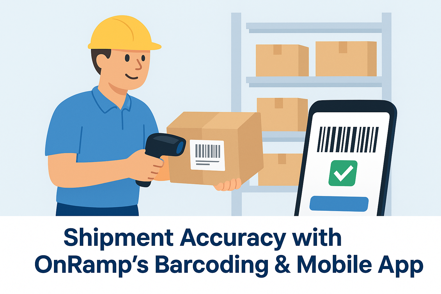 Boost Shipment Accuracy with OnRamp's Barcoding & Mobile App. Illustrated worker in a yellow hard hat and blue shirt scanning a barcode on a cardboard box in a warehouse, with shelves of boxes behind and a large smartphone display showing a scanned barcode and green check mark. Text below reads 'Shipment Accuracy with OnRamp’s Barcoding & Mobile App