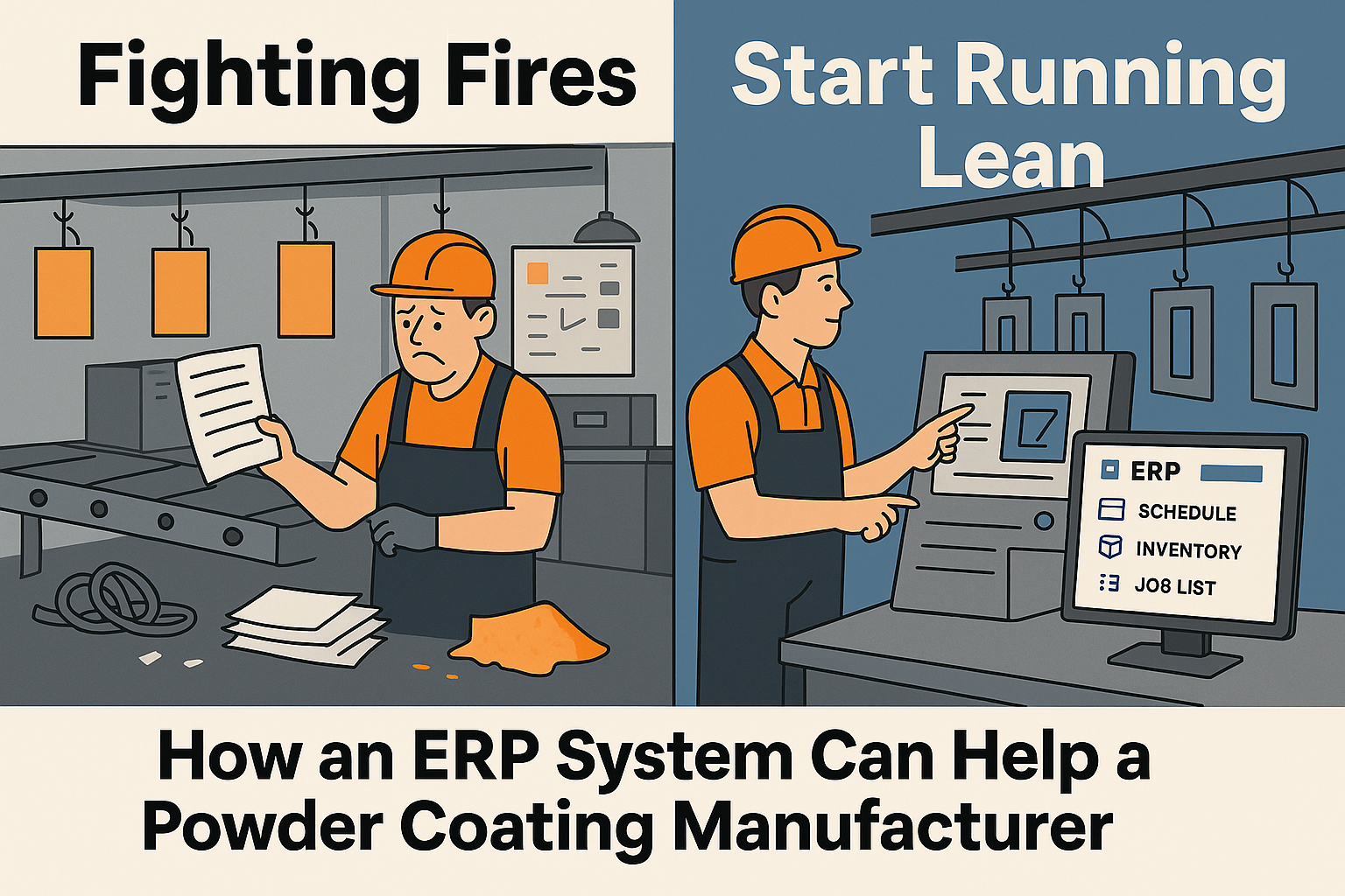 Company on the left is unorganized, struggling to meet deadlines and running out of materials. Company on the right is using a purpose-built ERP that allows them to stay ahead of projects. Meeting demands, and running lean.