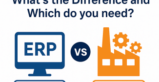 ERP vs MES infographic comparing Enterprise Resource Planning software with Manufacturing Execution Systems. The graphic shows ERP represented by a computer monitor icon and MES represented by a factory with gears. Bold title reads ‘ERP vs MES: What’s the Difference and Which do you need?’ with clear blue and orange design on a white background.