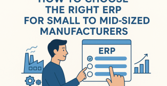 Illustration of a person selecting an ERP system on a digital screen, with factory icons, gears, and a rising bar chart, representing how small to mid-sized manufacturers can choose the right ERP System.