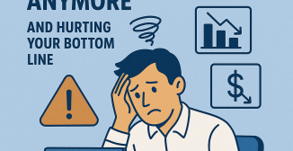 Illustration of a stressed business professional sitting at a desk with an ERP laptop, surrounded by warning icons, a declining chart, and a dollar symbol, with the headline “Signs Your ERP System is Not the Right Fit Anymore and Hurting Your Bottom Line.