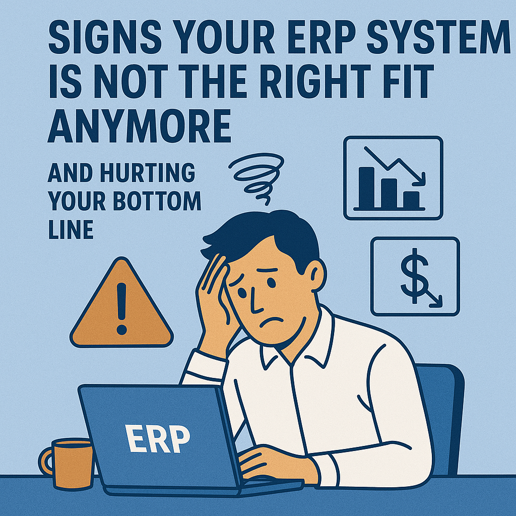 Illustration of a stressed business professional sitting at a desk with an ERP laptop, surrounded by warning icons, a declining chart, and a dollar symbol, with the headline “Signs Your ERP System is Not the Right Fit Anymore and Hurting Your Bottom Line.