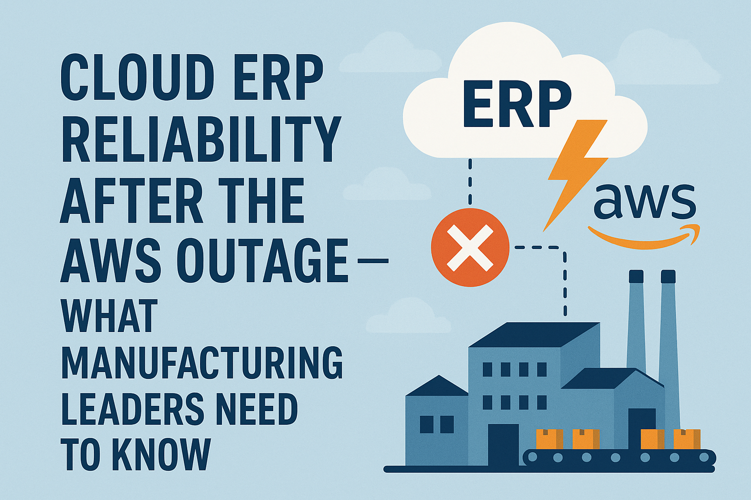 Flat modern illustration showing a manufacturing leader in a hard hat standing in front of a factory with robotic machinery and a cloud icon, representing cloud ERP reliability during AWS outages.