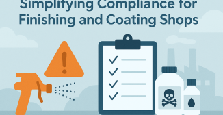 Modern illustration showing a spray gun, hazard triangle, compliance checklist, and chemical containers, representing EHS compliance for finishing and coating shops