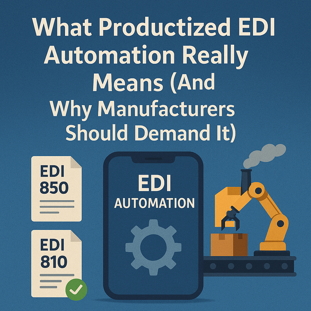 A modern illustration showing productized EDI automation in manufacturing, featuring EDI document icons such as 850 and 810, a digital interface labeled “EDI Automation,” and a factory robot loading boxes on a conveyor symbolizing standardized, automated, and reliable EDI processes without custom mapping.
