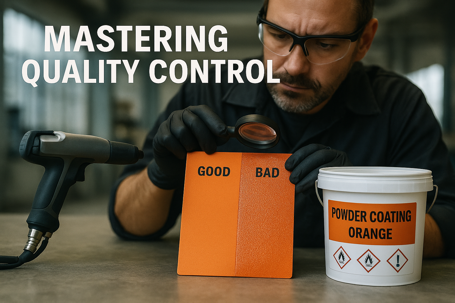 QA inspector examining an orange powder-coated panel labeled good and bad, using a magnifying glass, with a powder coating spray gun and an orange-labeled powder bucket on the table.