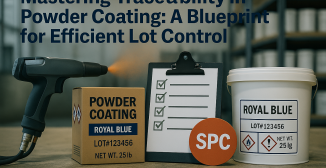 Realistic image showing a powder coating spray gun emitting powder, a 25 lb ‘Royal Blue’ powder coating carton with detailed labeling, a matching 10-gallon bucket, a checklist, an SPC disk, and racks of powder boxes and buckets in the background.