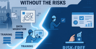 A split-screen digital illustration comparing risky ERP implementations with a streamlined, risk-free OnRamp process. The left side shows a chaotic factory environment with tangled process lines and stalled data migration. The right side depicts organized training, clean data flow, and a successful Go Live represented by a launch icon, connected by a glowing path labeled Risk-Free.
