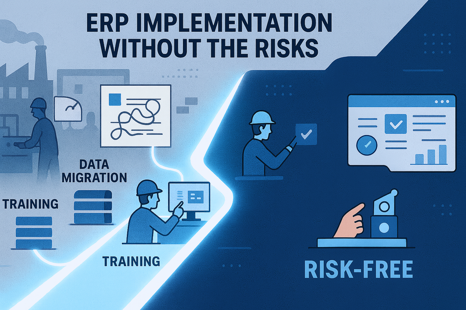 A split-screen digital illustration comparing risky ERP implementations with a streamlined, risk-free OnRamp process. The left side shows a chaotic factory environment with tangled process lines and stalled data migration. The right side depicts organized training, clean data flow, and a successful Go Live represented by a launch icon, connected by a glowing path labeled Risk-Free.