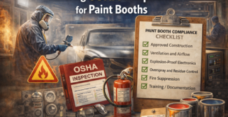 Paint booth operators wearing full protective equipment inside an OSHA-compliant spray booth, with safety signage, ventilation systems, and a compliance checklist visible.