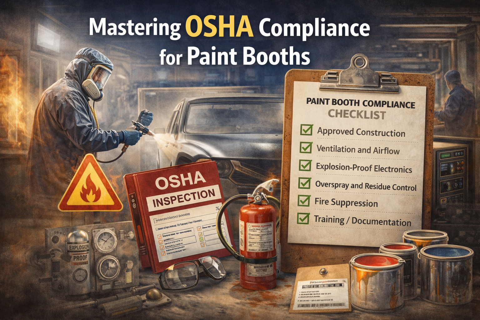 Paint booth operators wearing full protective equipment inside an OSHA-compliant spray booth, with safety signage, ventilation systems, and a compliance checklist visible.