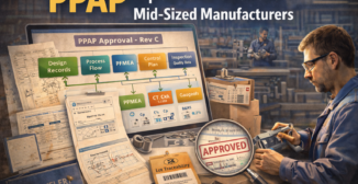 Quality inspector measuring a machined part with connected PPAP documents and digital workflow showing design records, process flow, control plans, and inspection data.