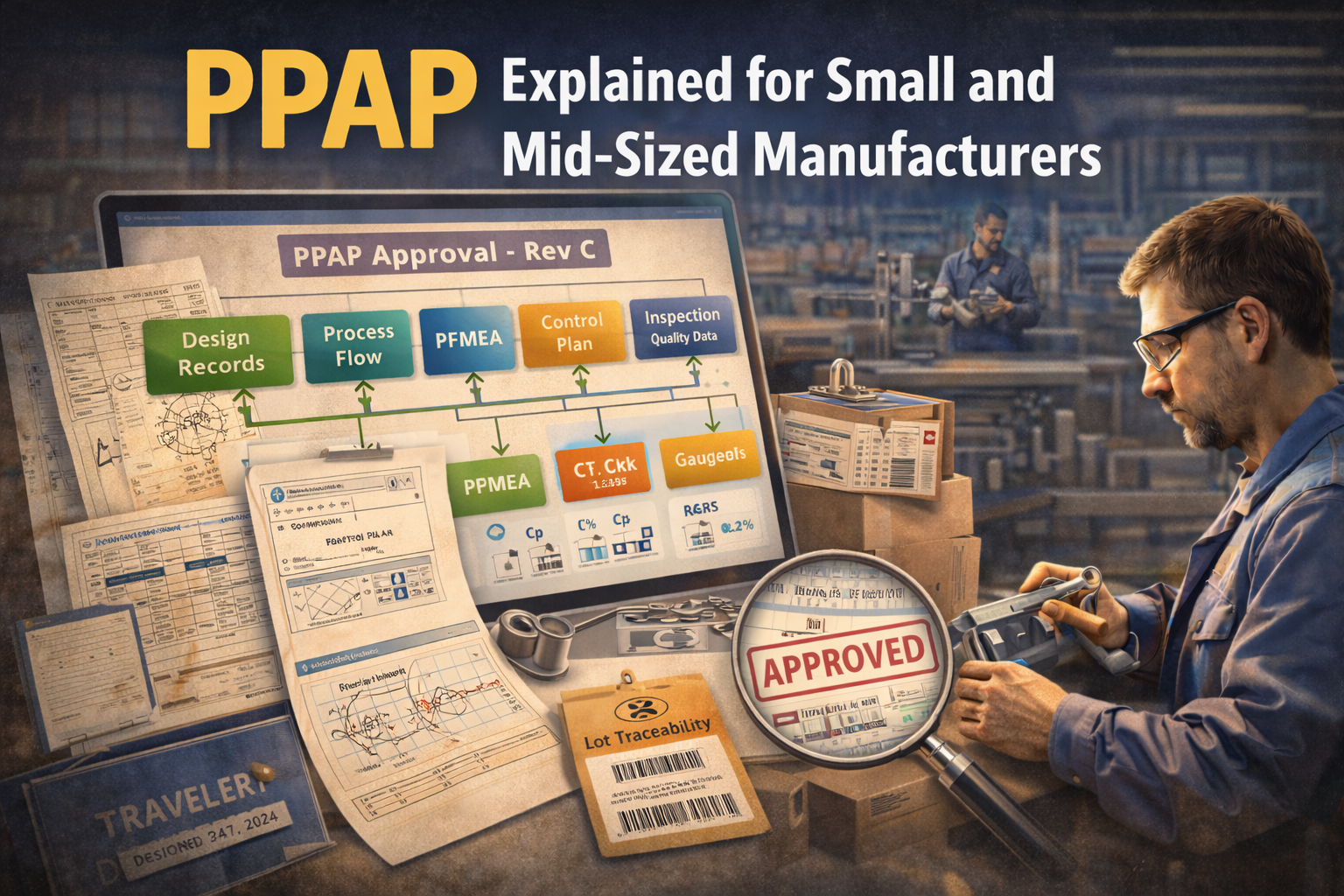 Quality inspector measuring a machined part with connected PPAP documents and digital workflow showing design records, process flow, control plans, and inspection data.