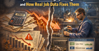Manufacturing shop image showing the contrast between inaccurate quoting based on spreadsheets and accurate quoting driven by real job cost data, including labor, material usage, and process flow.