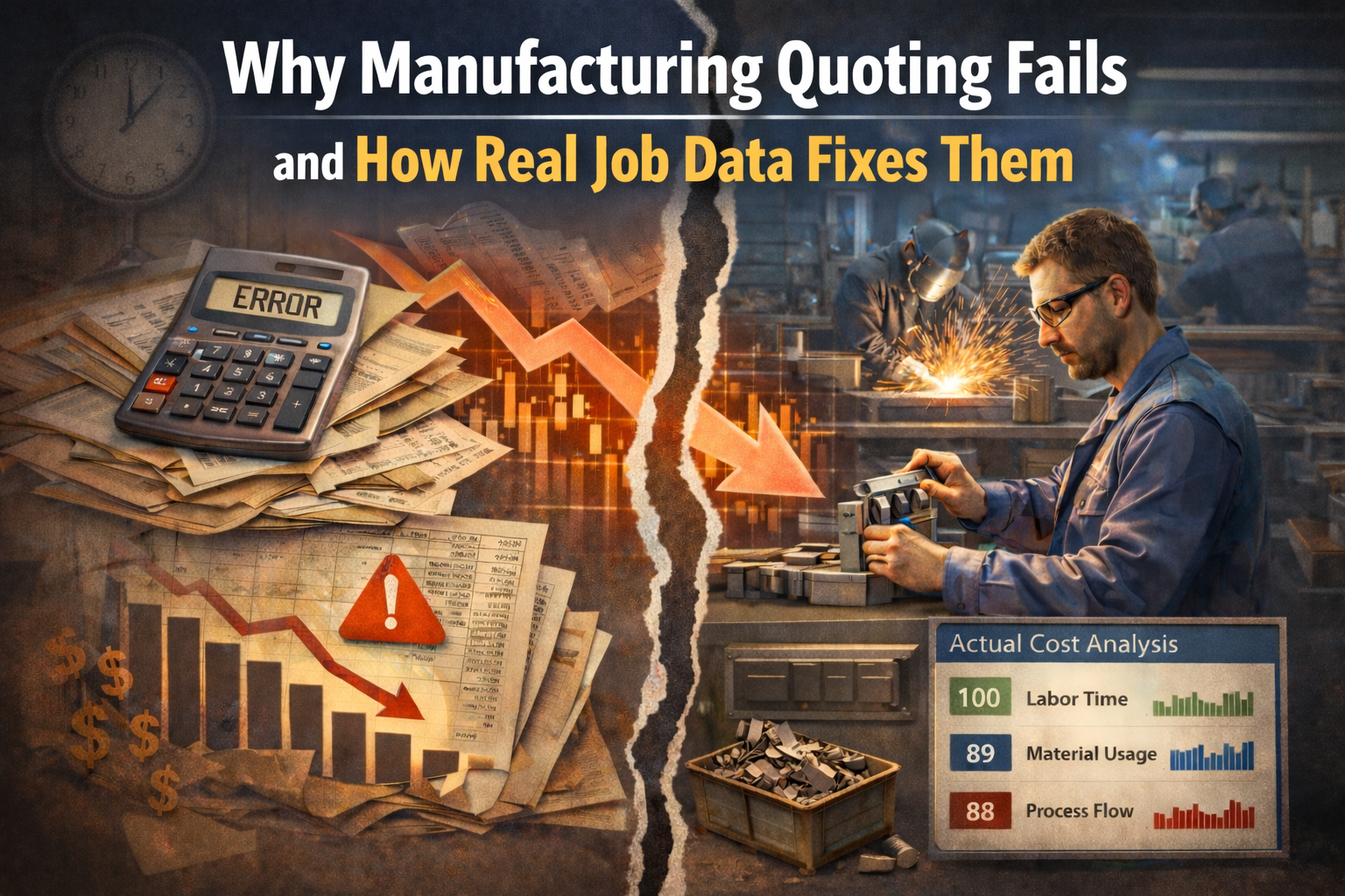 Manufacturing shop image showing the contrast between inaccurate quoting based on spreadsheets and accurate quoting driven by real job cost data, including labor, material usage, and process flow.