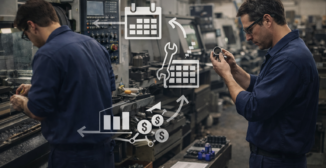 Two machinists working at CNC lathes on a manufacturing shop floor, with overlaid icons representing production scheduling for manufacturers, maintenance planning, and job costing.