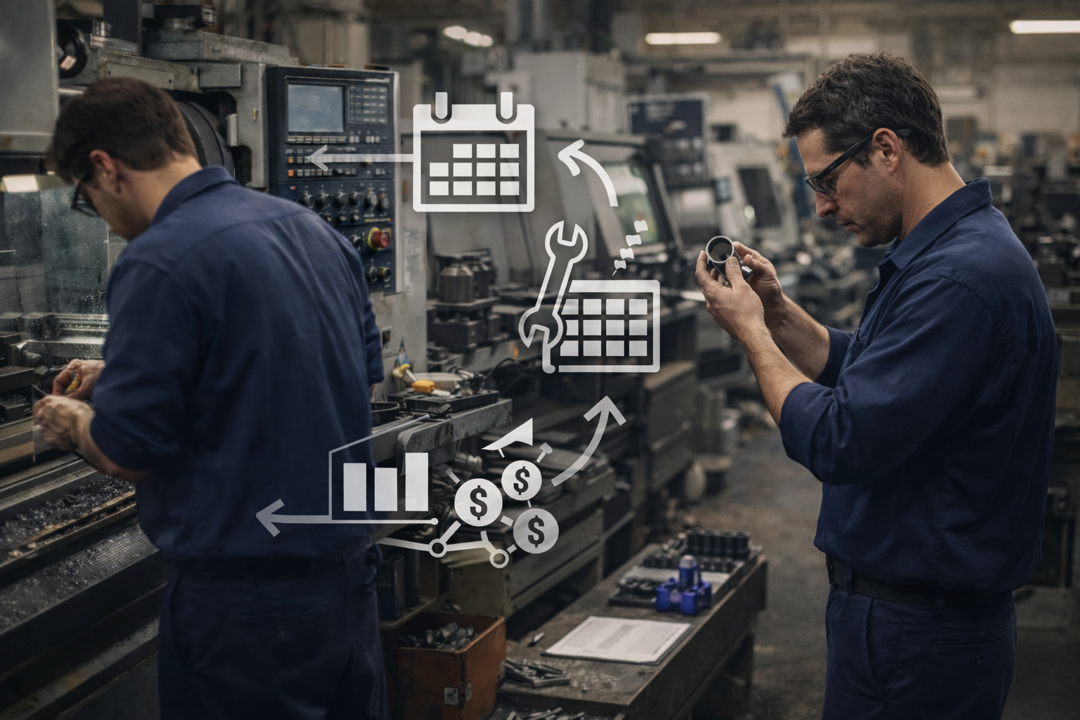Two machinists working at CNC lathes on a manufacturing shop floor, with overlaid icons representing production scheduling for manufacturers, maintenance planning, and job costing.