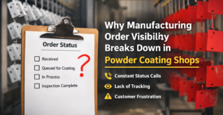 Powder coating operation showing racked parts and an order status checklist, representing manufacturing order visibility challenges.