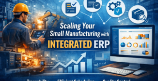 Factory operator reviewing real-time ERP data to manage production, scheduling, and quality control in a small manufacturing operation.