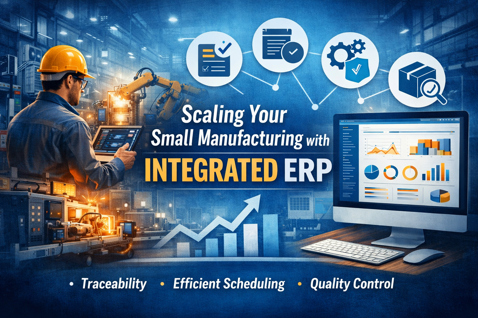 Factory operator reviewing real-time ERP data to manage production, scheduling, and quality control in a small manufacturing operation.