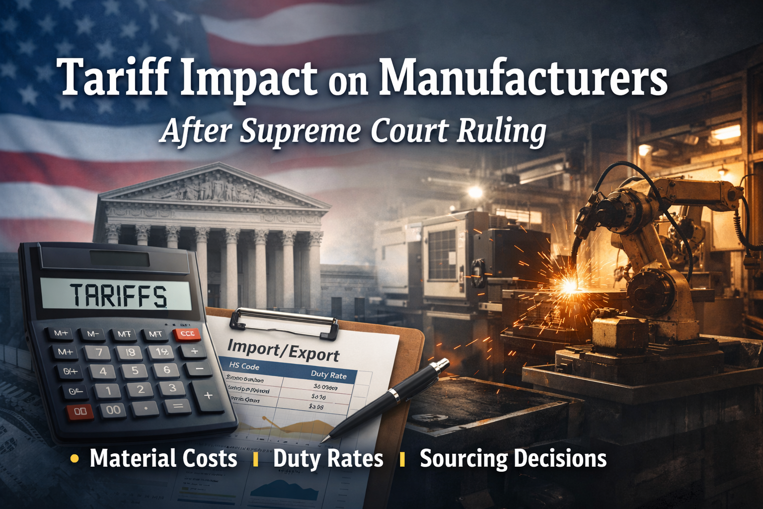 Graphic showing the U.S. Supreme Court and American flag blended with a factory floor scene featuring industrial machinery and welding sparks, alongside a calculator and import export document labeled tariffs, illustrating the tariff impact on manufacturers.